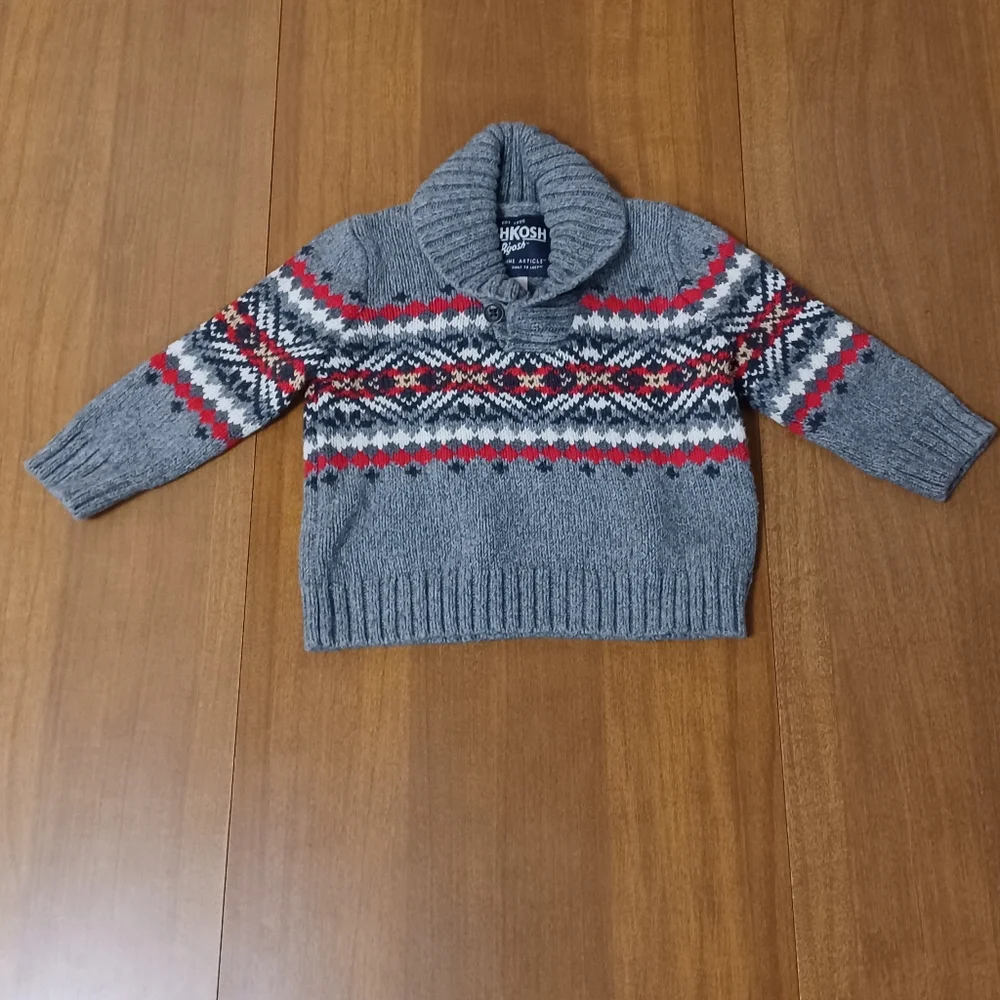 OshKosh B'Gosh Gray Knit Sweater Baby 12M Western Aztec Geometric 100% Cotton